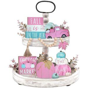 Pink Fall Tiered Tray Decor, Farmhouse‎ Pumpkin Decorations, Cute Pumpkin Truck